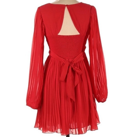 Japna Dress Red Sheer Mini Size S Long Sleeve Pleated - Picture 3 of 6